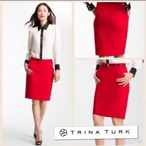 Trina Turk Brandy bright red orange belted skirt.